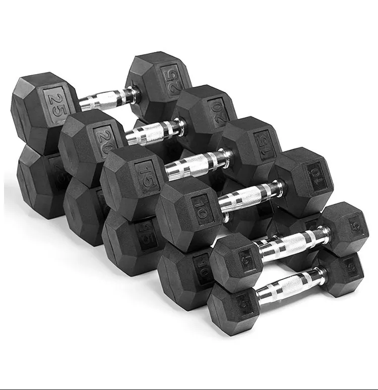 Factory Supply Gym Power Training Equipment Rubber Coated Steel Weights in 2.5kg-70kg Hex Dumbbell