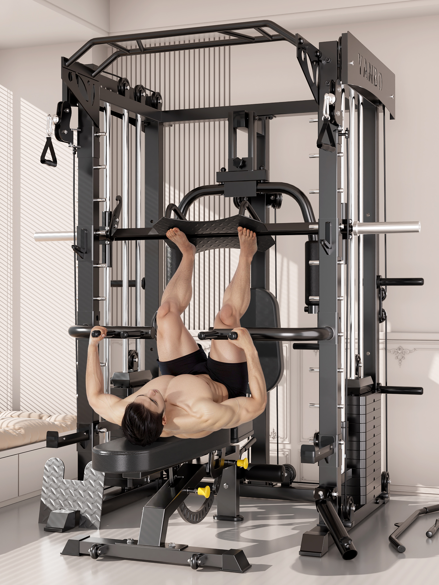 High Quality Multi-functional All-in-one Smith Squat, Cable Crossover & Power Rack, Strength Training Equipment for Home & Gym