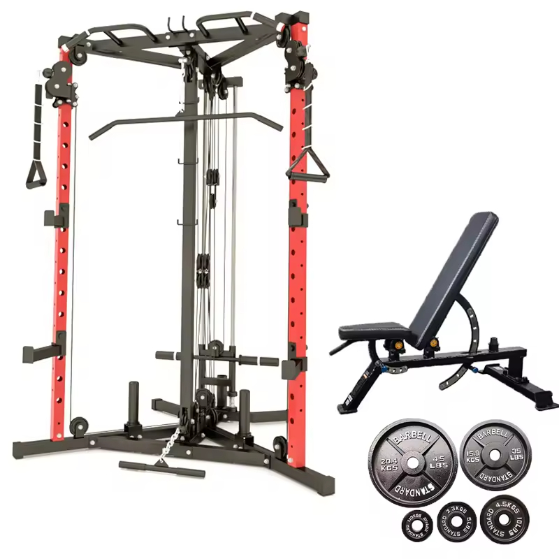 Multi-Functional Smith Machine with Cable Crossover, All-in-One Power Rack Squat Cage with Built-in Pulley System for Home Gym Full-Body Training
