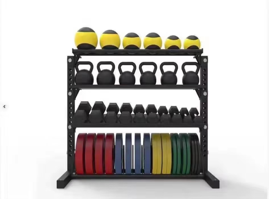 Multi-Functional 4-Tier Gym Storage Rack Heavy Duty for Medicine Balls Kettlebells Dumbbells Weight Plates Home Gym