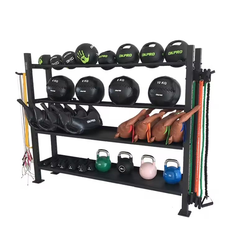 Heavy Duty 3-Tier Multi-Purpose Gym Storage Rack with Bar Holders for Fitness Equipment Home Gym Organizer