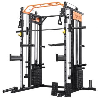 Multi FunctionDual Pulley Smith Machine Squat Rack Vertical Plate Rack Half Cage Power Rack with J Hooks 50kg Weight Stack