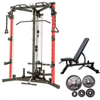 Multi-Functional Smith Machine with Cable Crossover, All-in-One Power Rack Squat Cage with Built-in Pulley System for Home Gym Full-Body Training