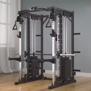 Commercial Grade Smith Machine Power Cage with Cable Crossover, Integrated Functional Trainer & Weight Storage for Strength Training